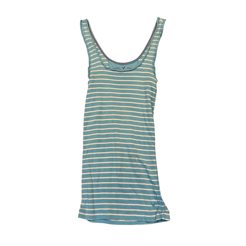 Vintage American Eagle Striped Ribbed Tank Top Small Teal White Cotton Spandex